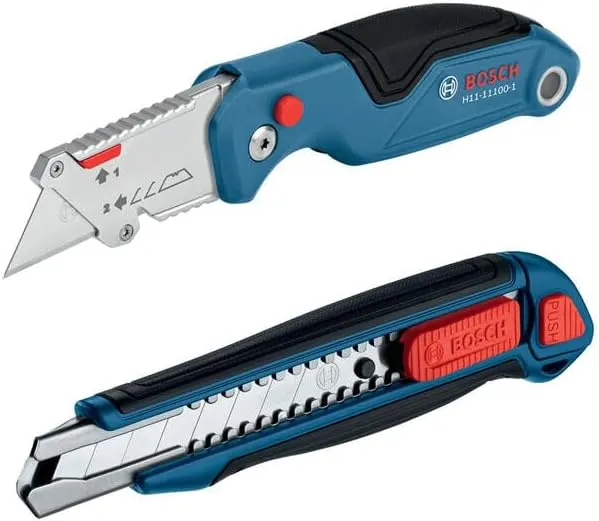Bosch H11-14100-1 2-Piece Utility Knife Set | Folding and Snap-Off Knives with Robust Design, Integrated Blade Storage, and Belt Clip - Includes 4 Blades