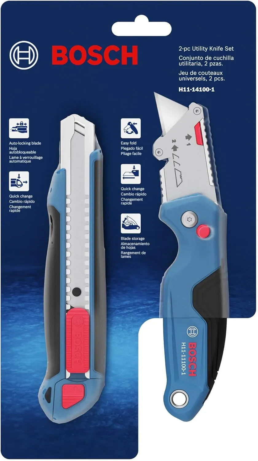 Bosch H11-14100-1 2-Piece Utility Knife Set | Folding and Snap-Off Knives with Robust Design, Integrated Blade Storage, and Belt Clip - Includes 4 Blades