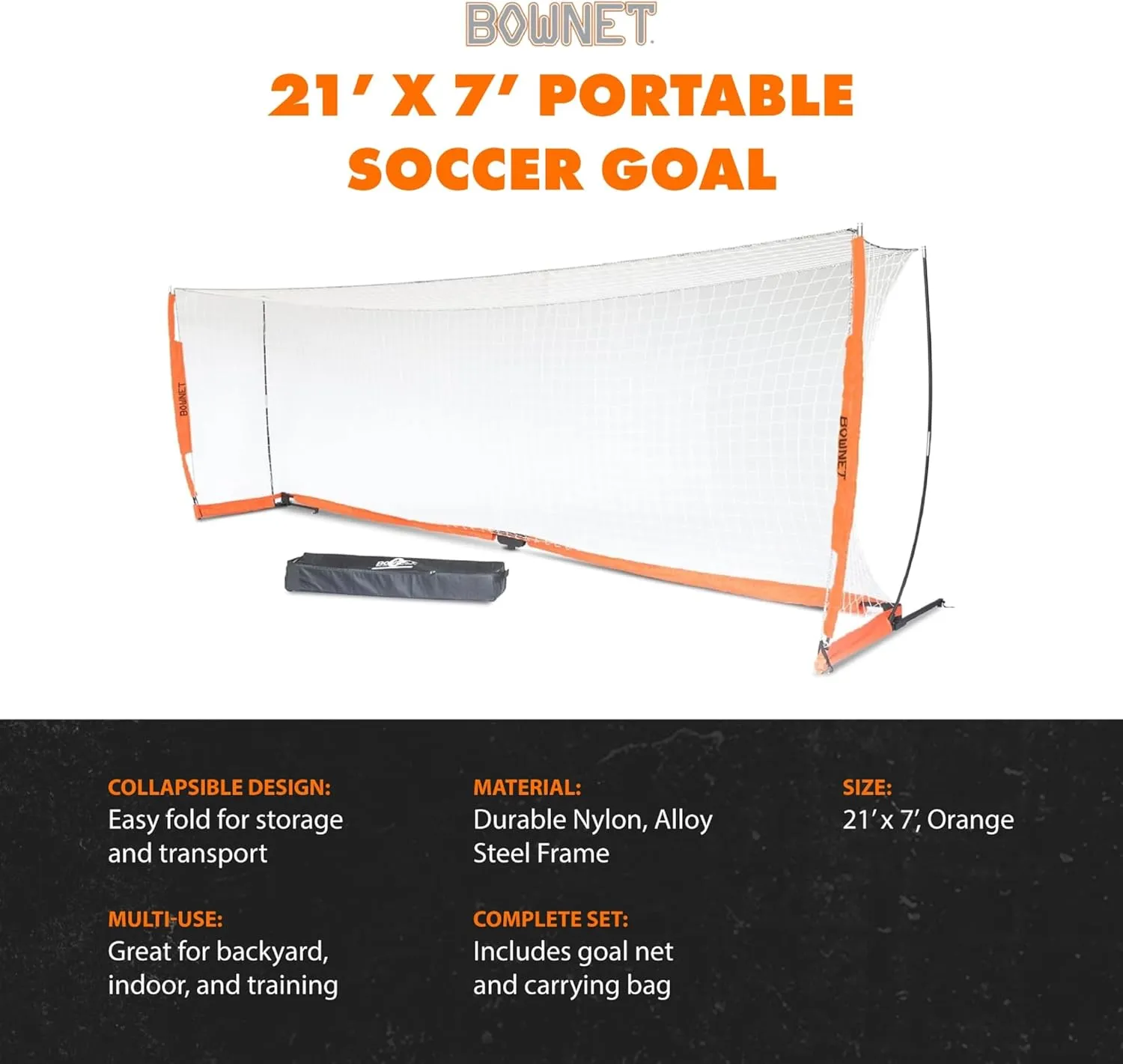 Bownet Regulation Portable Soccer Goal – Folding Pop Up Net for Backyard Training & Games, w/Carry Bag