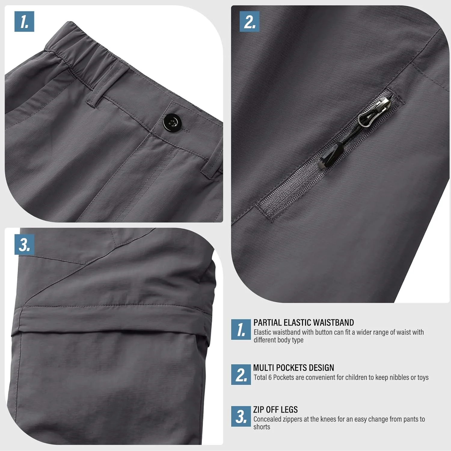 Boys Pants Kids Adjustable Waist Outdoor Quick Dry Lightweight Waterproof Pull On Casual Convertible Cargo Scout Pants
