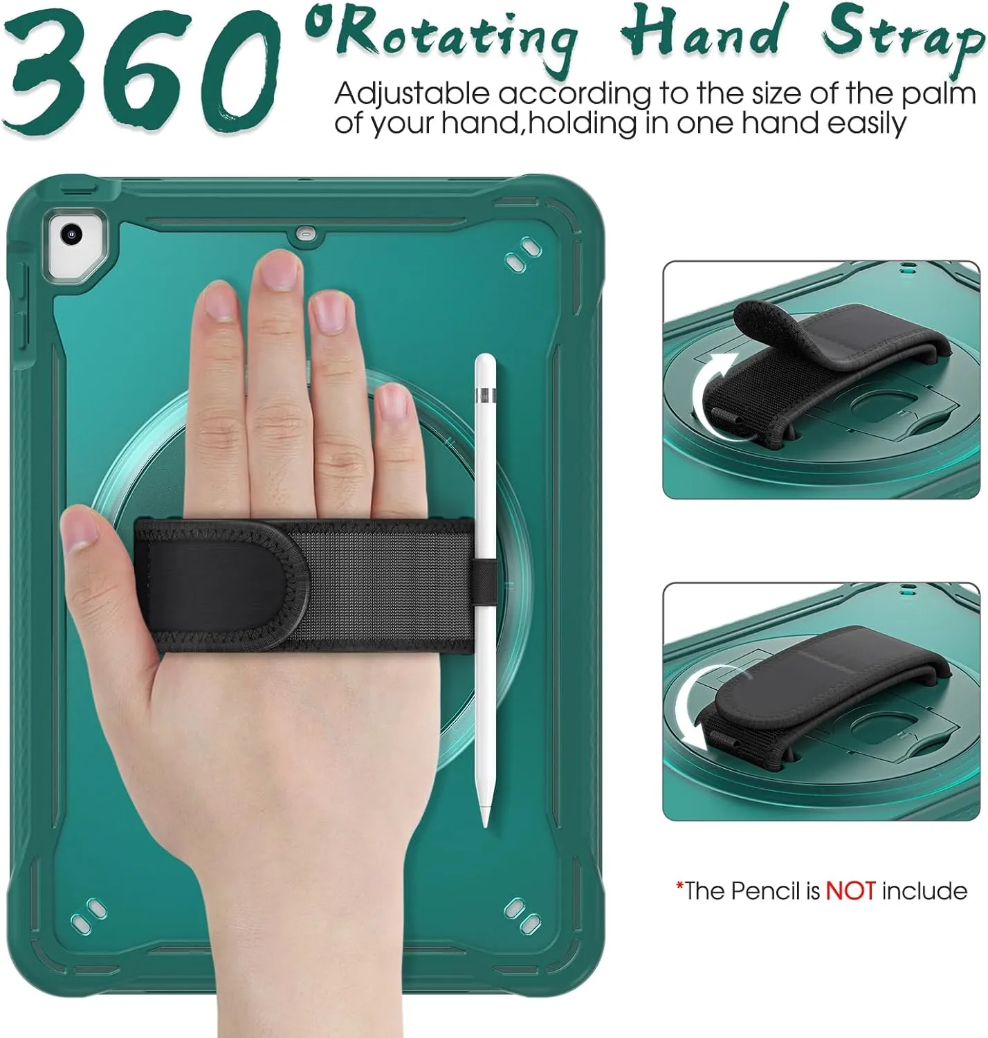 BRAECNstock Case for iPad 6th/5th Generation 9.7 inch 2018/2017,ipad Air 2nd Gen & Pro 9.7 inch Cover for Kids with Pencil Holder,Screen Protector,360°Rotating Hand Strap&Kickstand-Midnight Green