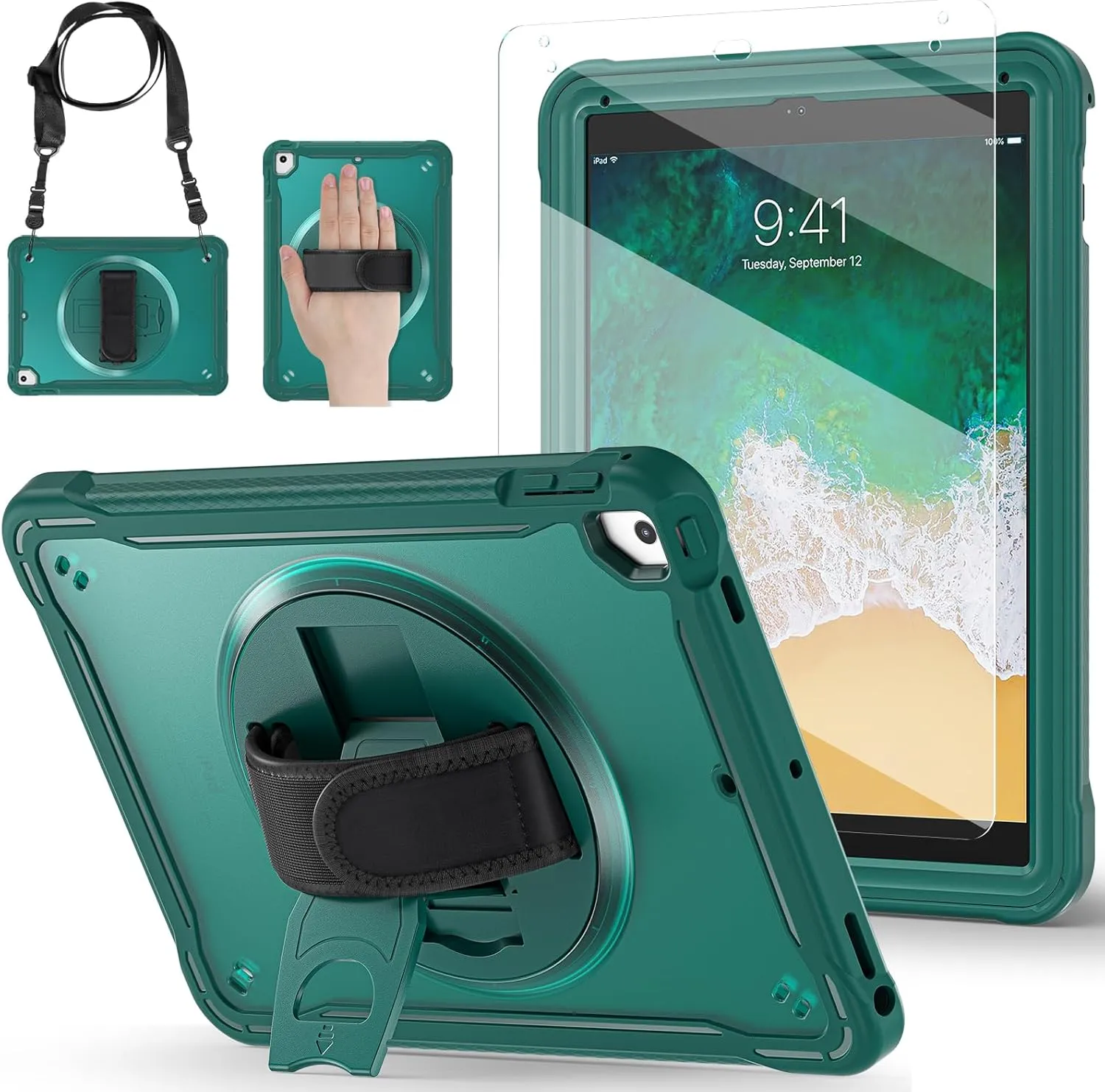BRAECNstock Case for iPad 6th/5th Generation 9.7 inch 2018/2017,ipad Air 2nd Gen & Pro 9.7 inch Cover for Kids with Pencil Holder,Screen Protector,360°Rotating Hand Strap&Kickstand-Midnight Green