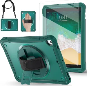 BRAECNstock Case for iPad 6th/5th Generation 9.7 inch 2018/2017,ipad Air 2nd Gen & Pro 9.7 inch Cover for Kids with Pencil Holder,Screen Protector,360°Rotating Hand Strap&Kickstand-Midnight Green