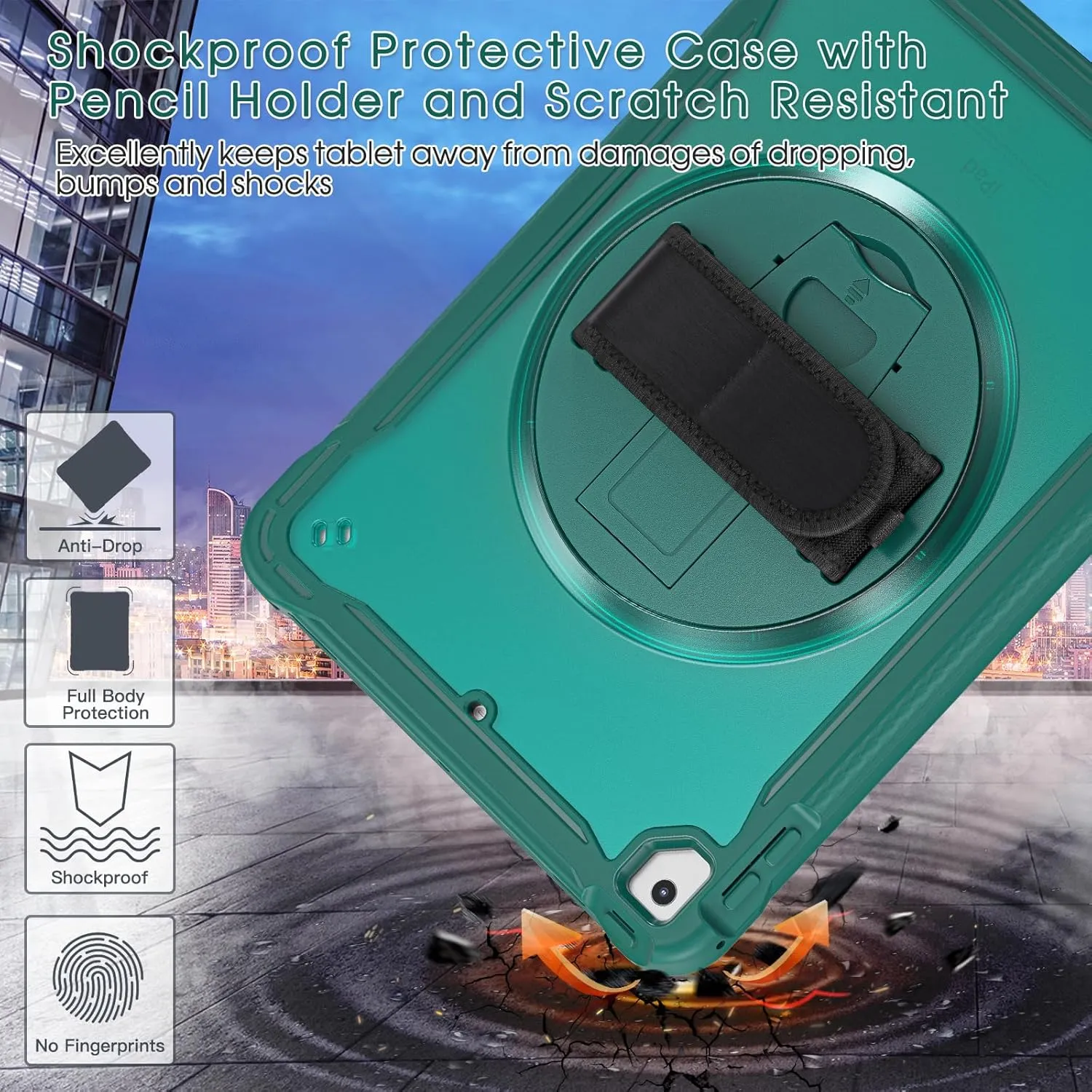 BRAECNstock Case for iPad 6th/5th Generation 9.7 inch 2018/2017,ipad Air 2nd Gen & Pro 9.7 inch Cover for Kids with Pencil Holder,Screen Protector,360°Rotating Hand Strap&Kickstand-Midnight Green