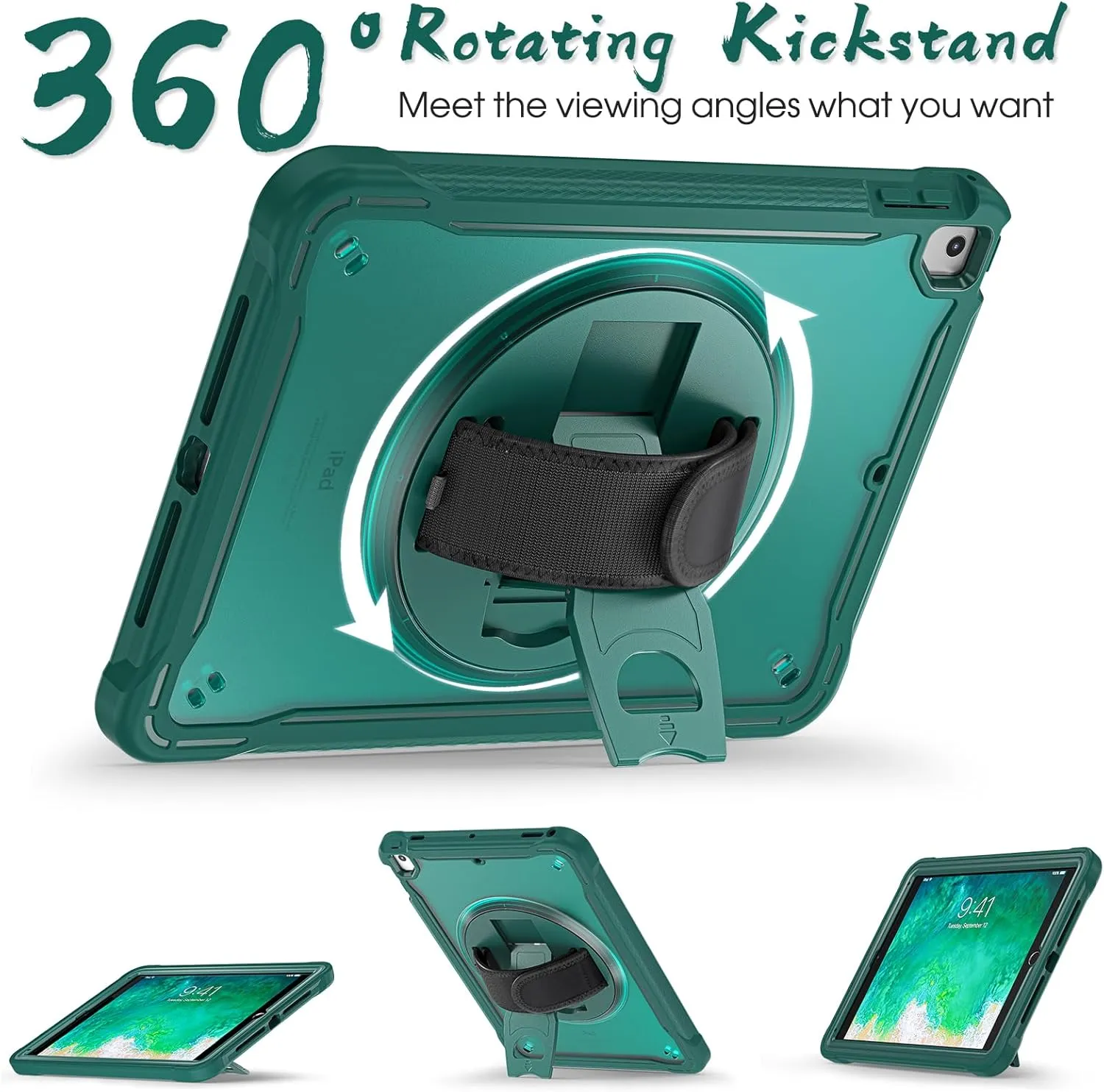 BRAECNstock Case for iPad 6th/5th Generation 9.7 inch 2018/2017,ipad Air 2nd Gen & Pro 9.7 inch Cover for Kids with Pencil Holder,Screen Protector,360°Rotating Hand Strap&Kickstand-Midnight Green