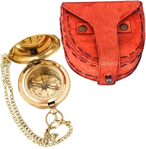 Brass Compass Nautical Pocket Chain Backpacking Compass with Leather Box Camping Hiking Direction Marine Graduation Confirmation Day Engravable for Men Quality Travel Accessory