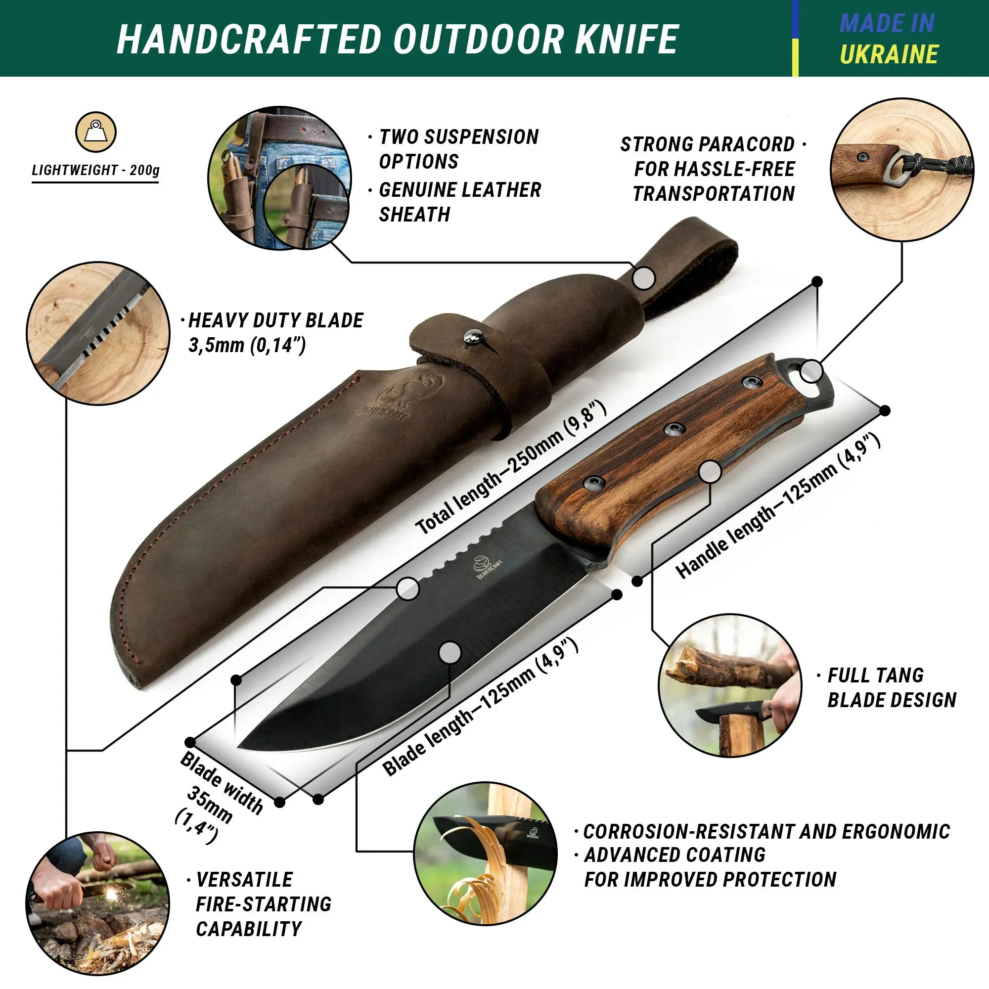 BSH4 Dusk – Carbon Steel Bushcraft Knife Walnut Handle with Leather Sheath