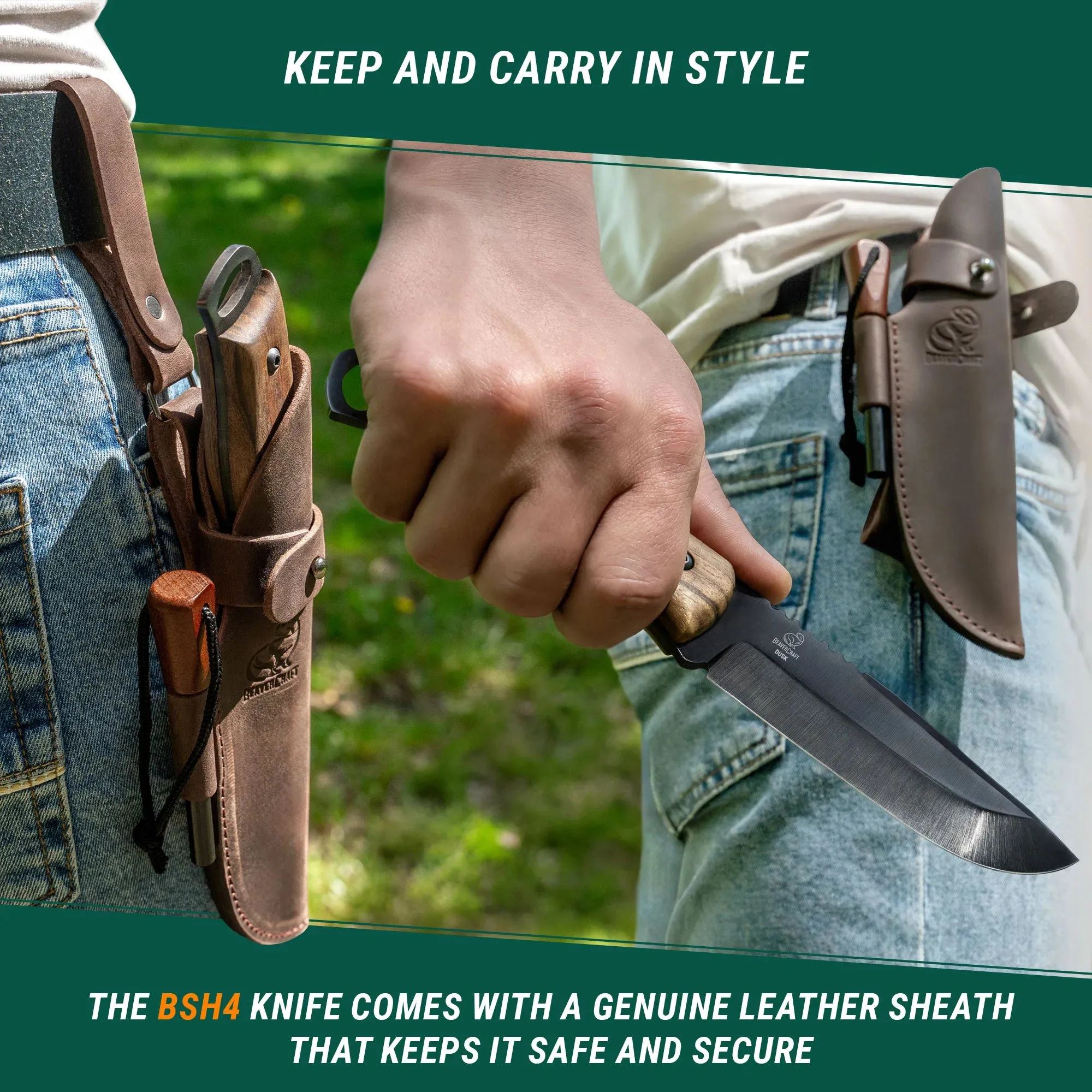 BSH4_F Dusk – Carbon Steel Bushcraft Knife with Ferro Rod and Leather Sheath