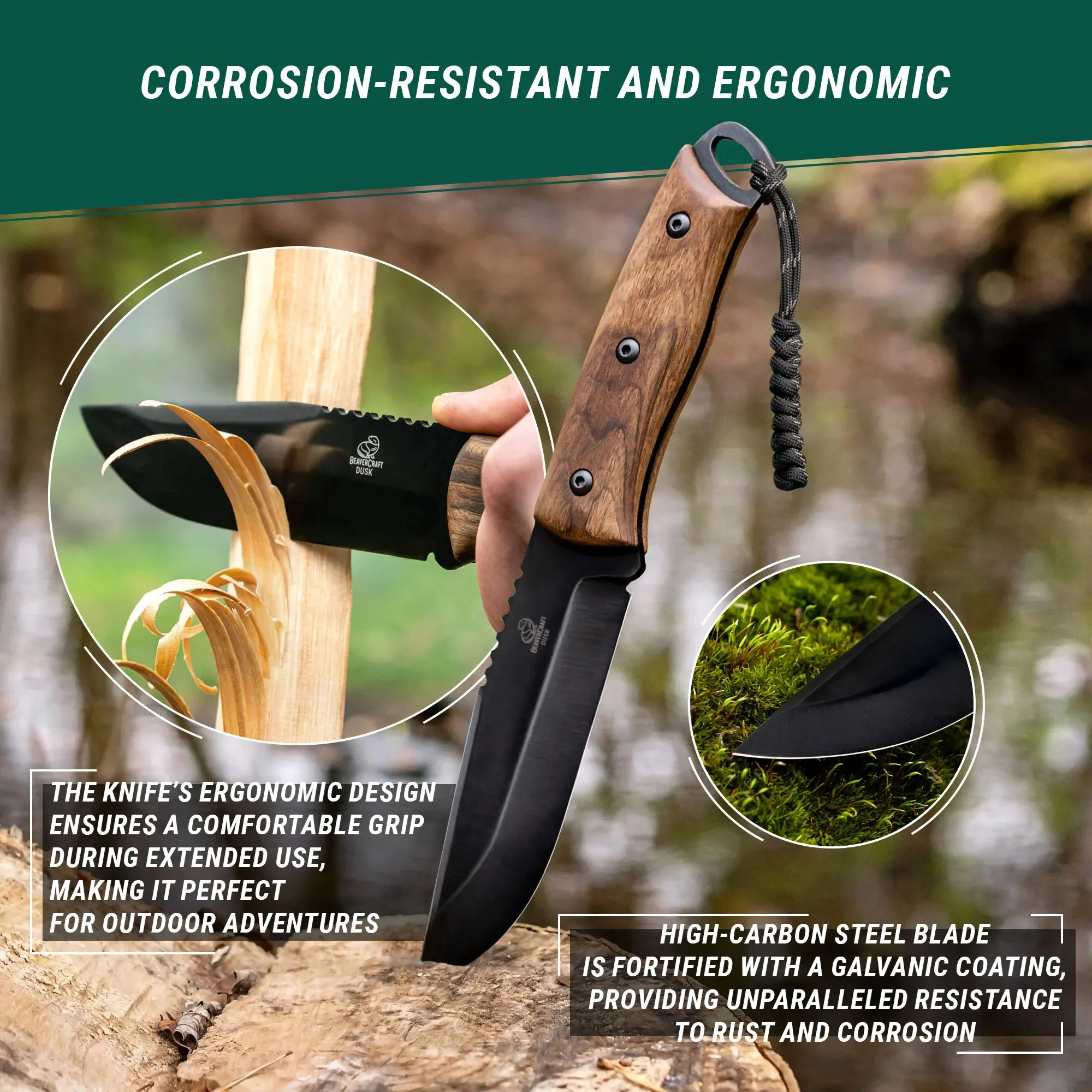 BSH4_F Dusk – Carbon Steel Bushcraft Knife with Ferro Rod and Leather Sheath