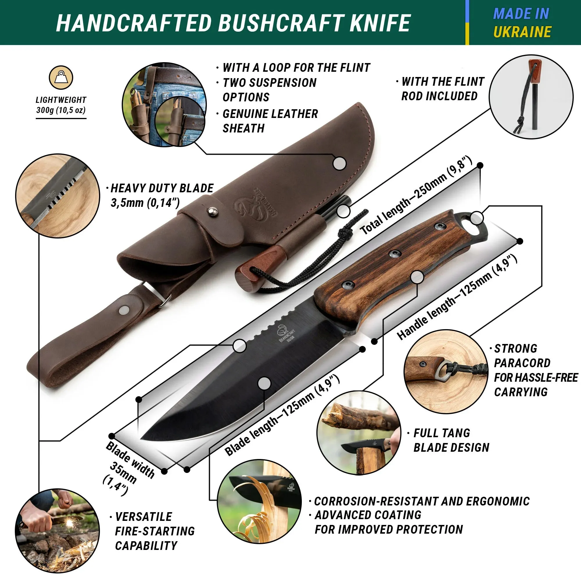 BSH4_F Dusk – Carbon Steel Bushcraft Knife with Ferro Rod and Leather Sheath