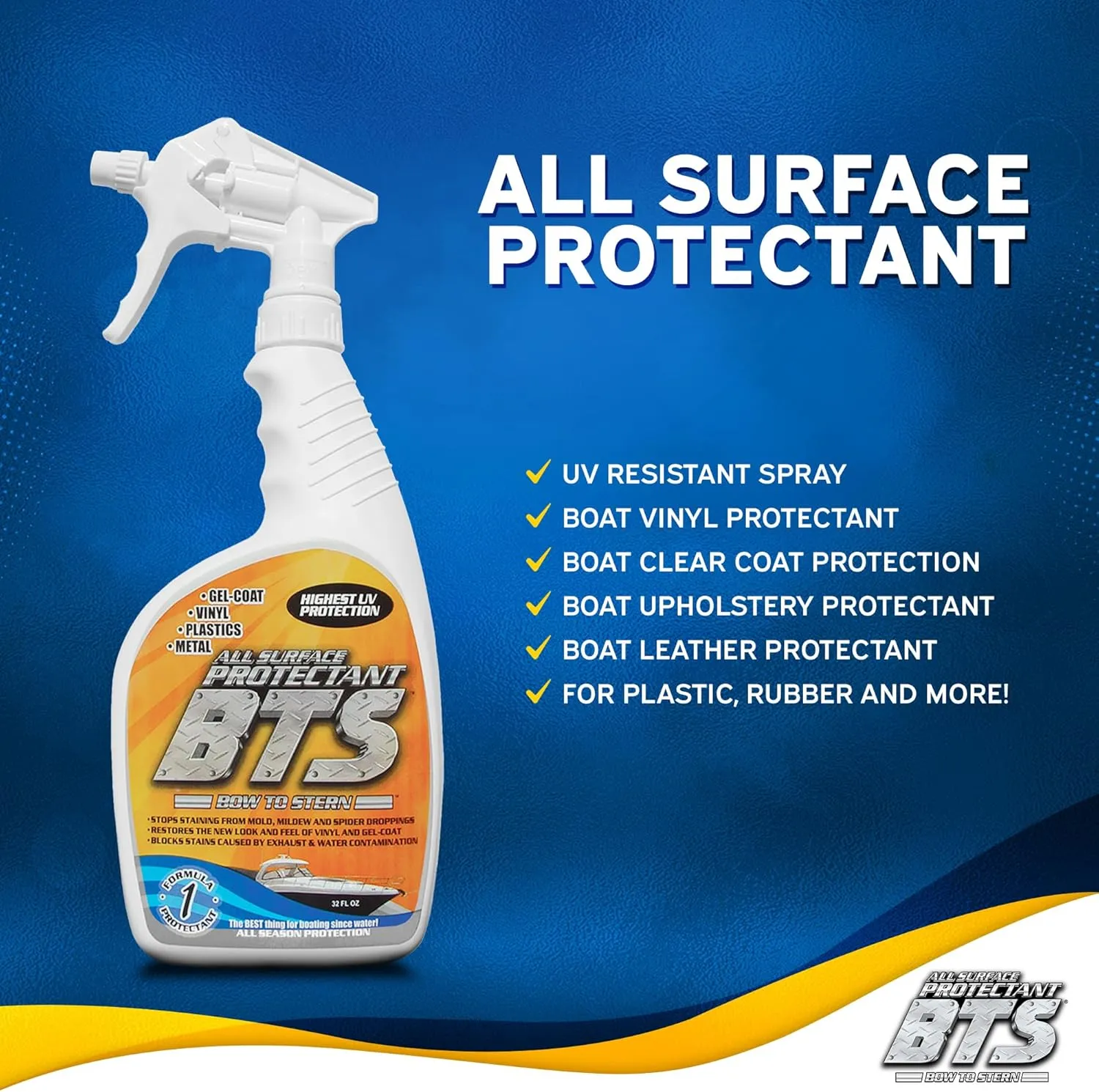 BTS - Bow to Stern | Marine Multi-Surface UV Protection Boat Spray for Vinyl, Gel-Coat, Leather, Plastic and Rubber | Water Repellent Surface Reduces Oxidation Process