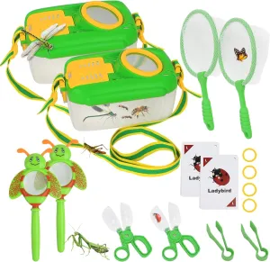 Bug Catcher for Kids - 2 Sets - Outdoor Explorer Set with Butterfly Net, Tweezers, Bug Clamp, Magnifying Glass & Entomology Learning Cards - Perfect Bug Catching Kit for Kids Age 3 4 5 6 7 8
