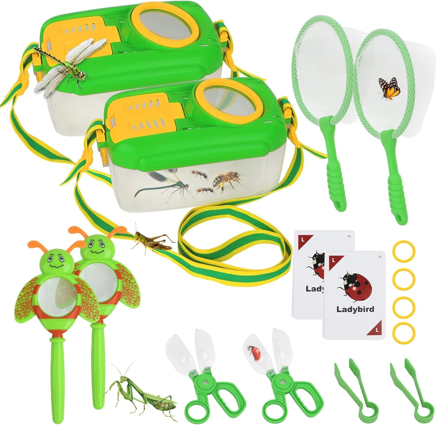 Bug Catcher for Kids - 2 Sets - Outdoor Explorer Set with Butterfly Net, Tweezers, Bug Clamp, Magnifying Glass & Entomology Learning Cards - Perfect Bug Catching Kit for Kids Age 3 4 5 6 7 8