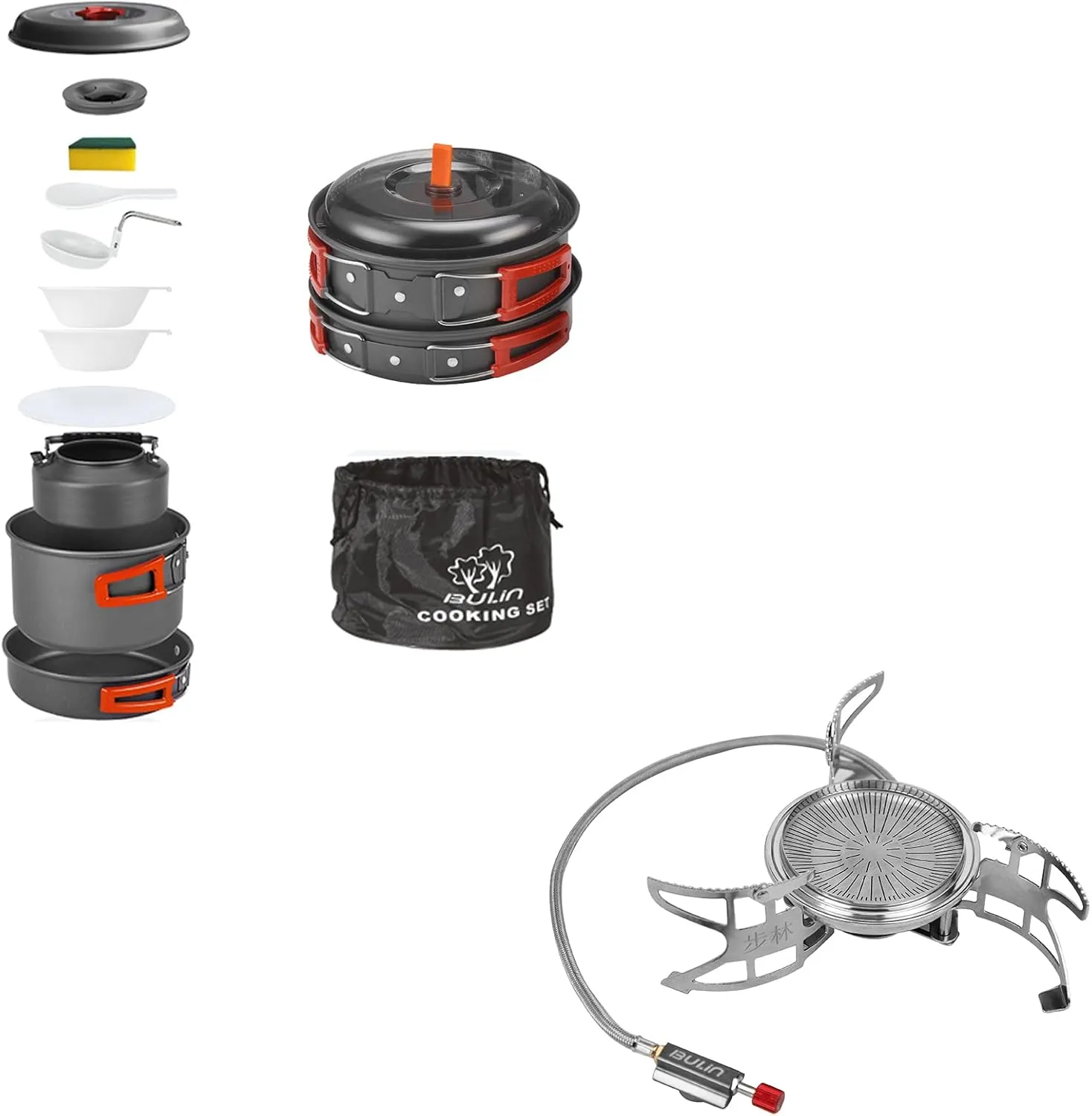 Bulin Camping Gas Stove 3800W Upgraded Windproof Adjustable Ultralight Backpacking Stove With Bulin Camping Cookware Set 11 PCS Portable Camp Gear Lightweight Backpacking Cooking Set