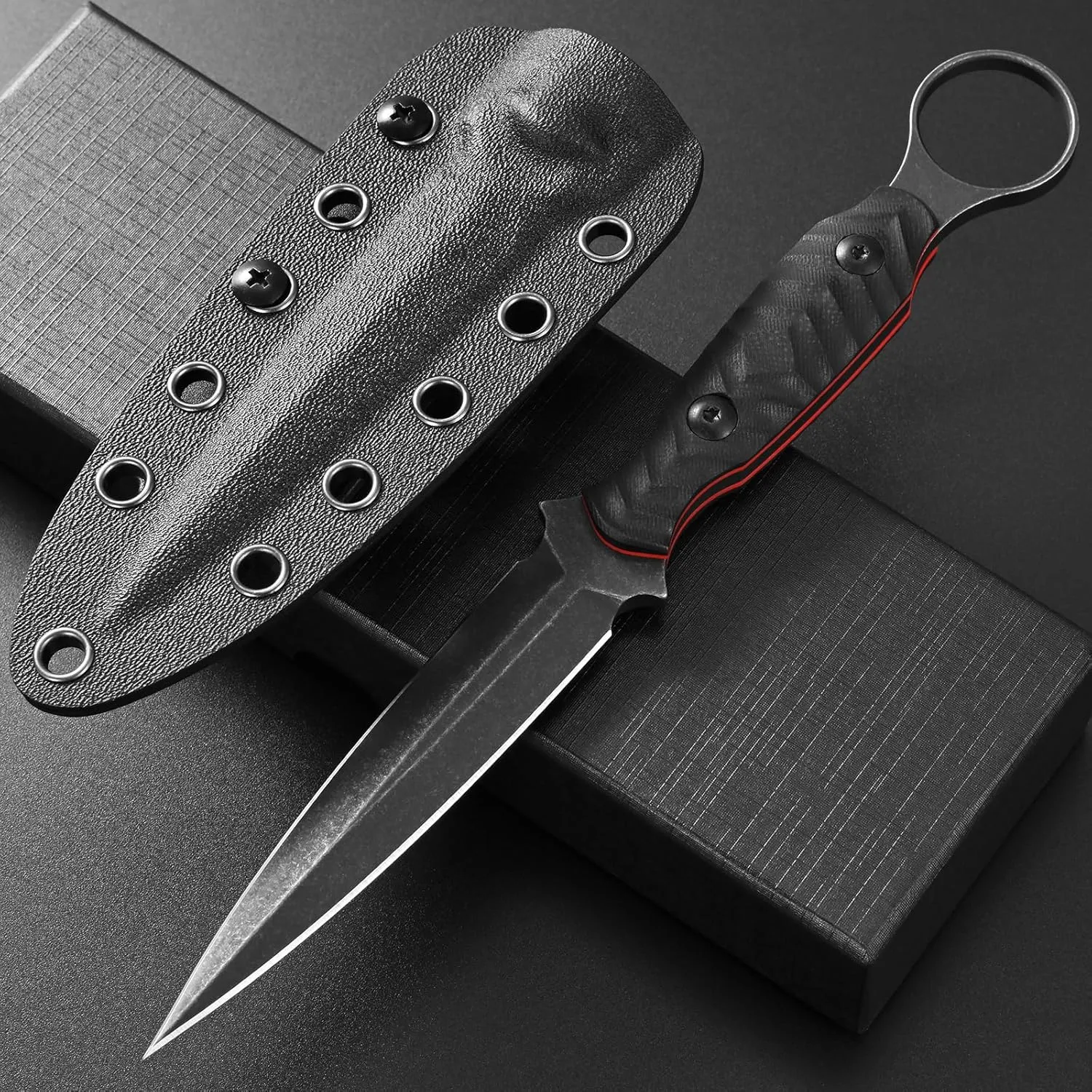 C1340 Fixed Blade Knife AUS-10 Black Stonewashed Steel Blade G10 Handle EDC Straight Knife for Outdoor Camping Survival Hiking(Black)