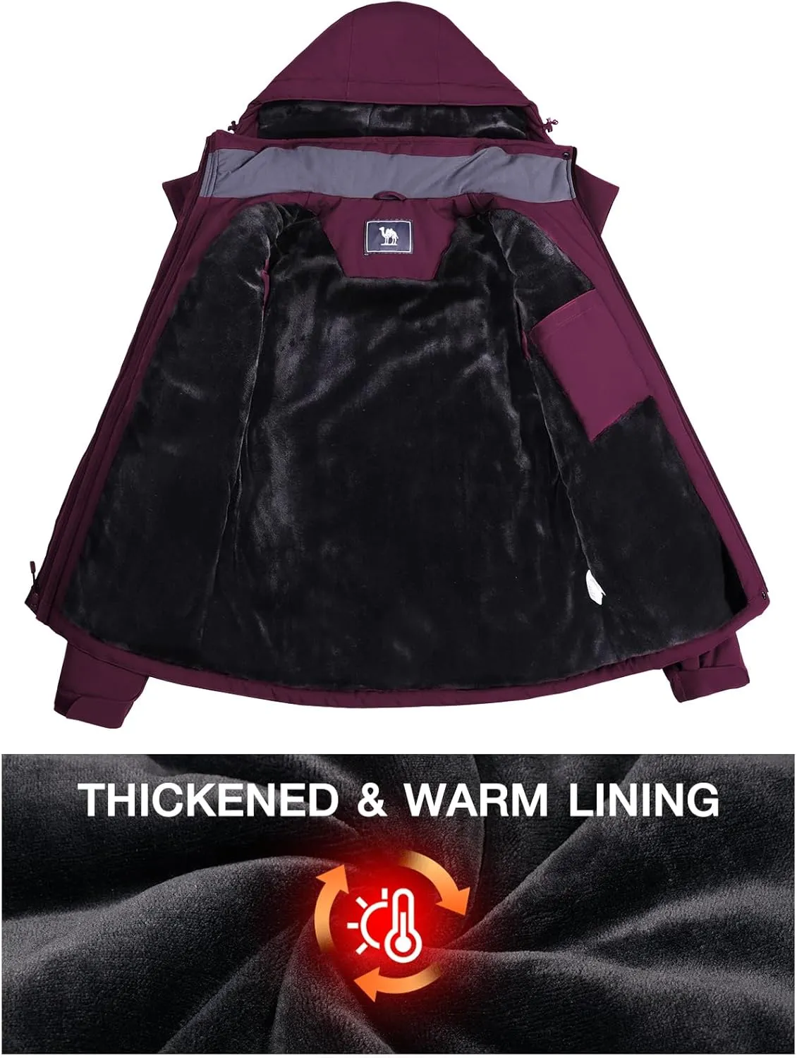 CAMEL CROWN Women's Winter Coats Hooded Ski Jacket Warm Fleece Waterproof Snowboard Jacket Windproof Windbreaker