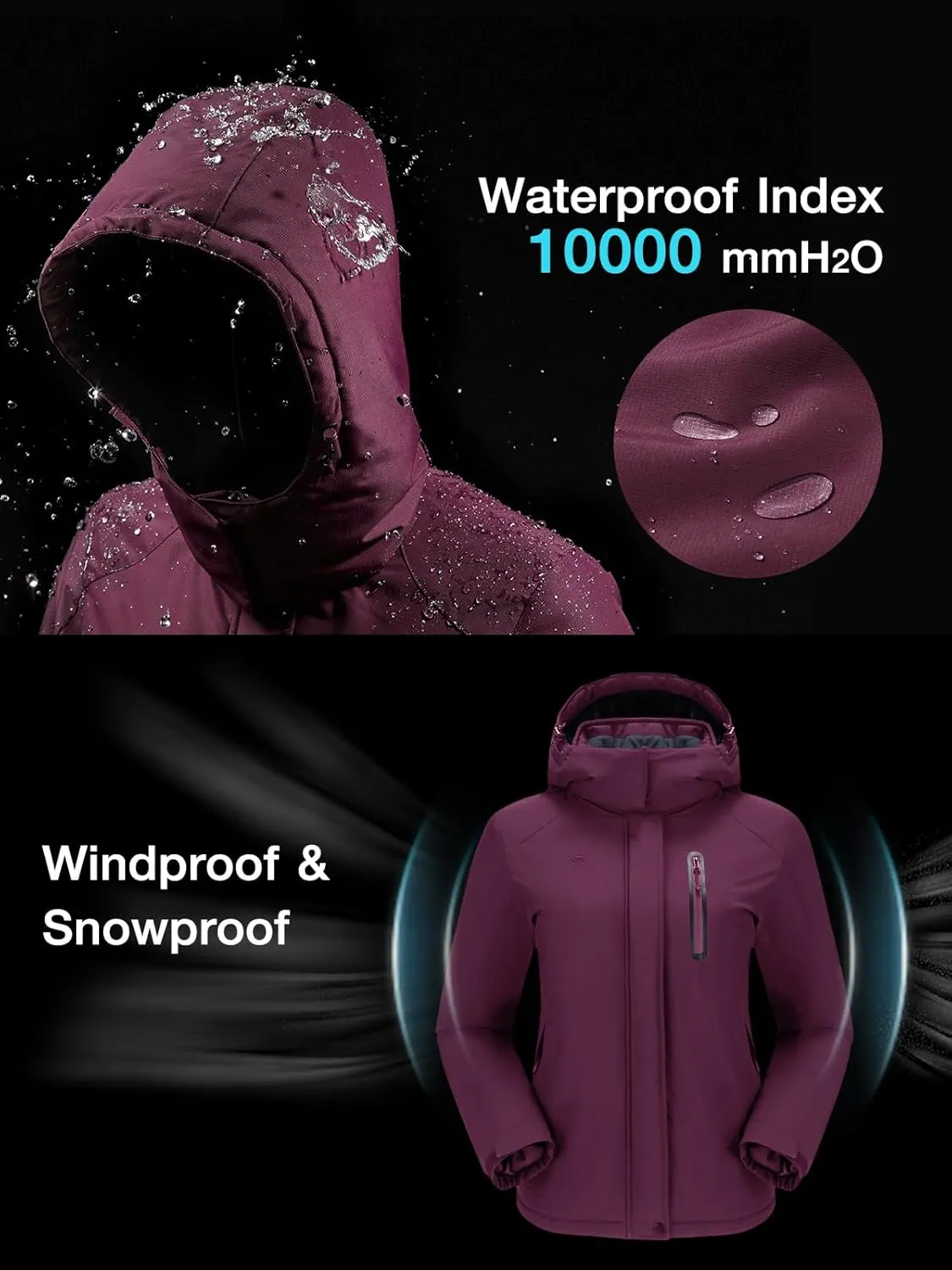 CAMEL CROWN Women's Winter Coats Hooded Ski Jacket Warm Fleece Waterproof Snowboard Jacket Windproof Windbreaker