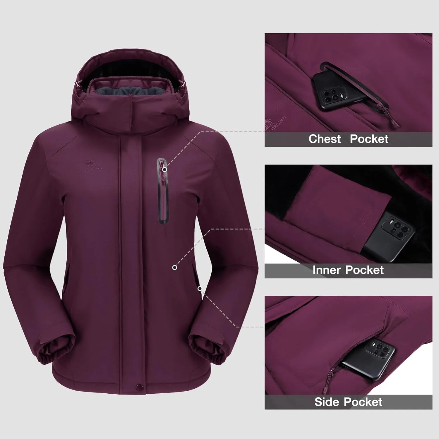 CAMEL CROWN Women's Winter Coats Hooded Ski Jacket Warm Fleece Waterproof Snowboard Jacket Windproof Windbreaker