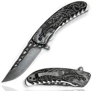 Camping Fold Knife - Dragon - Stonewash