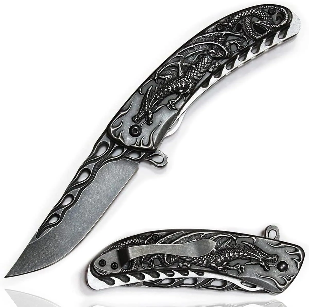 Camping Fold Knife - Dragon - Stonewash
