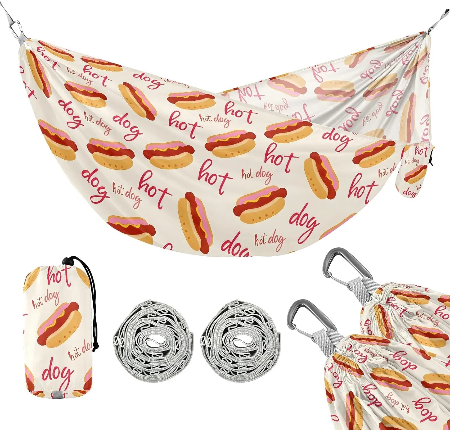 Camping Hammock Outdoor Hammocks for Outside Hot Dog Cute Cartoon Beach Trees Portable Lightweight with Pockets Tree Straps Indoor