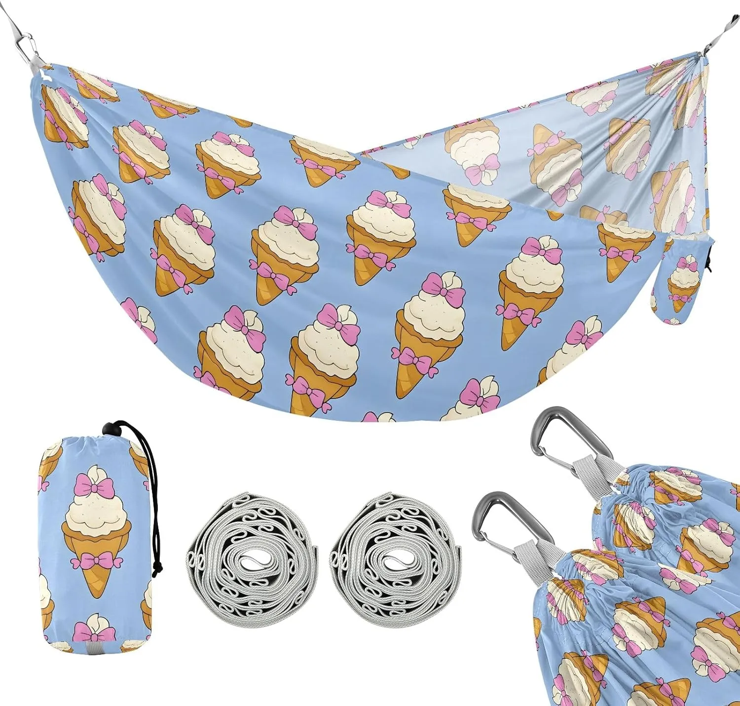 Camping Hammock Outdoor Hammocks for Outside Ice Cream Blue Bowtie Beach Trees Portable Lightweight with Pockets Tree Straps Indoor
