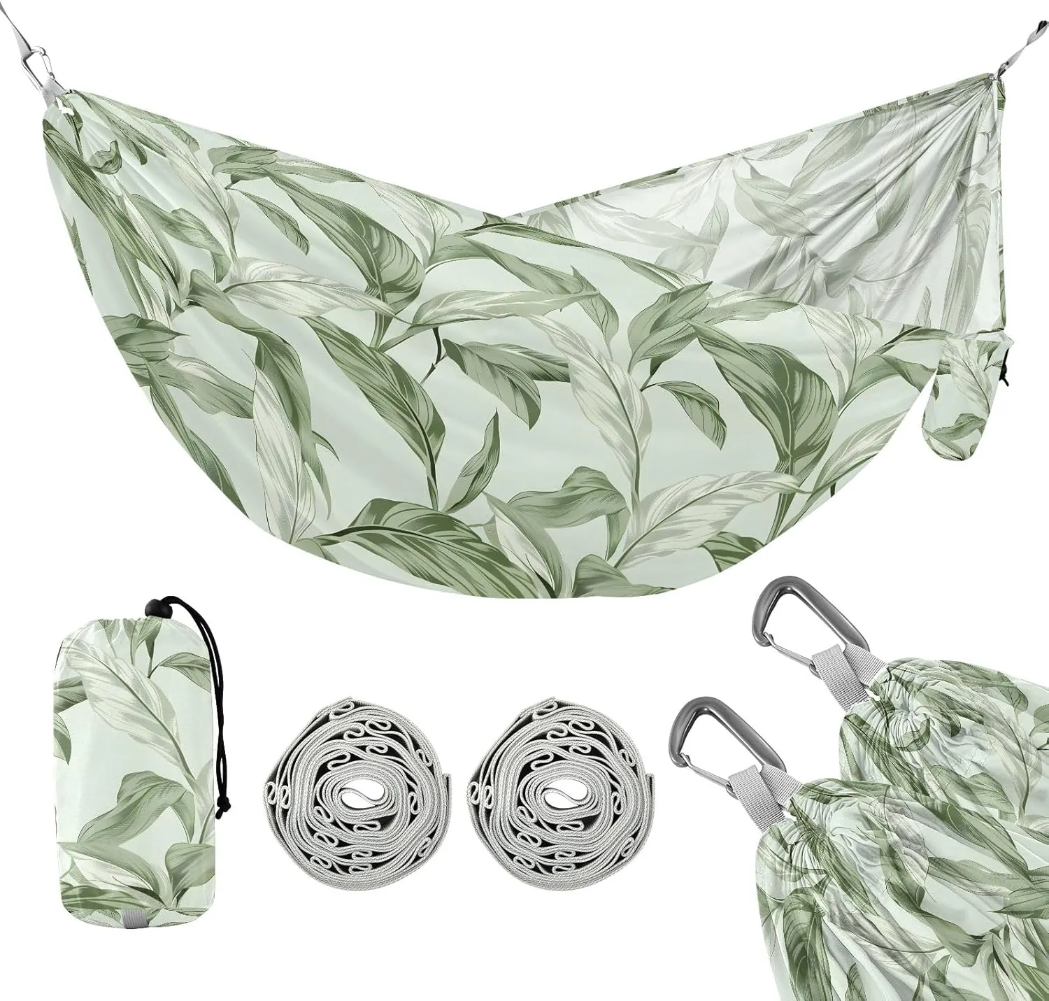 Camping Hammock Outdoor Hammocks for Outside Light Green Leaves Beach Trees Portable Lightweight with Pockets Tree Straps Indoor Small