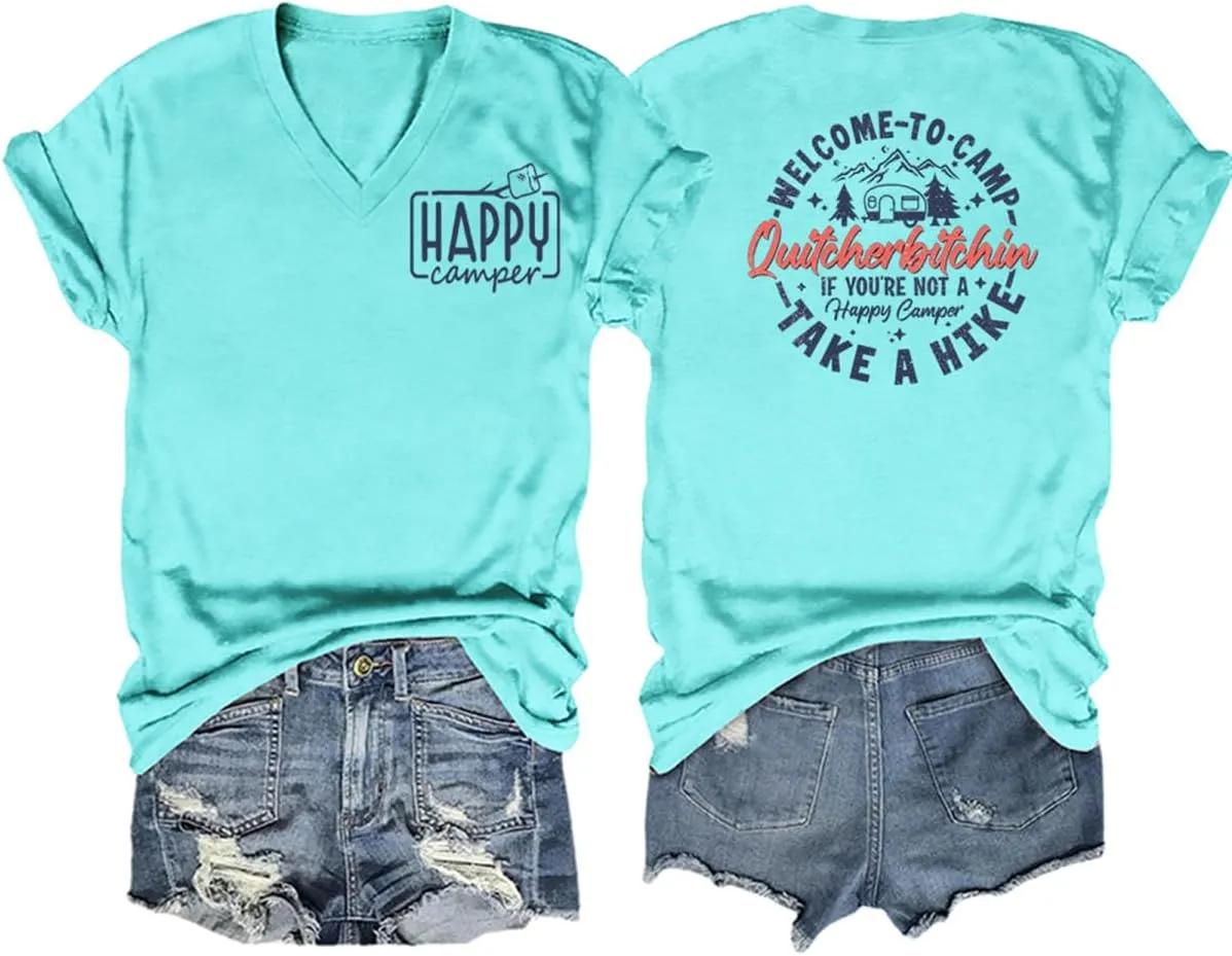 Camping Shirt Women Welcome to Camp Quitcherbitchin Graphic T Shirt Funny Camper Tshirt Hiking Adventure T-Shirt Tops