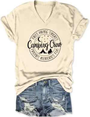 Camping Shirts for Women Friends Camping Crew V Neck Tshirts Family Vacation Hiking Camper Graphic Tees Tops