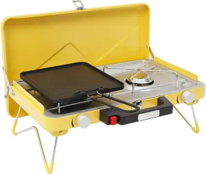 Camping Stove 2-Burner Stainless Steel Outdoor Cooking Gas Camping Stove with Tray for Outdoor Camping Garden Backyard (Yellow)