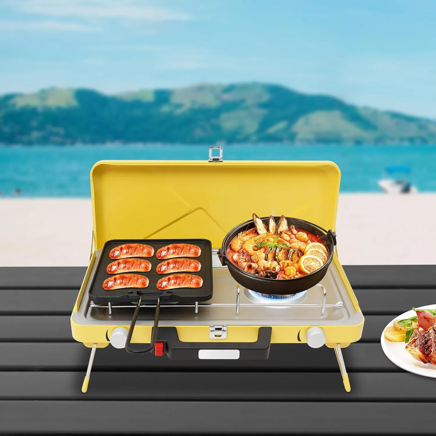 Camping Stove 2-Burner Stainless Steel Outdoor Cooking Gas Camping Stove with Tray for Outdoor Camping Garden Backyard (Yellow)