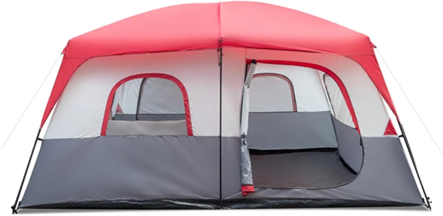 Camping tent red and white polyester cloth fiberglass pole foldable camping tent, outdoor multifunctional tent, easy to store camping equipment with storage bag can accommodate 14 people 430*430*210cm