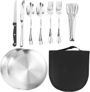 Camping Utensils Cooking Set 10pc Stainless Steel Cutlery Compact Picnic Utensil Set