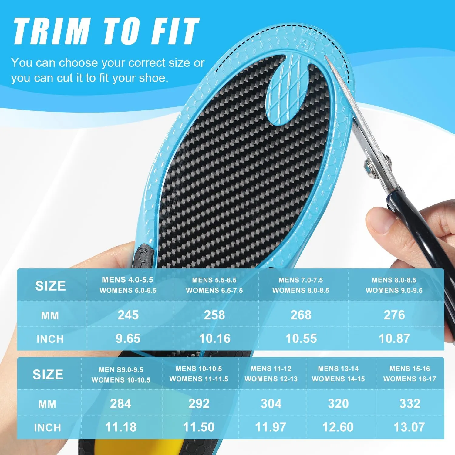 Carbon Fiber Shock-Absorbing Insole with Arch Support is Suitable for Basketball, Running, Cycling, Outdoor Hiking and Other Daily Sports. (Blue, M：10.5/11丨W：11.5/12（300mm）)