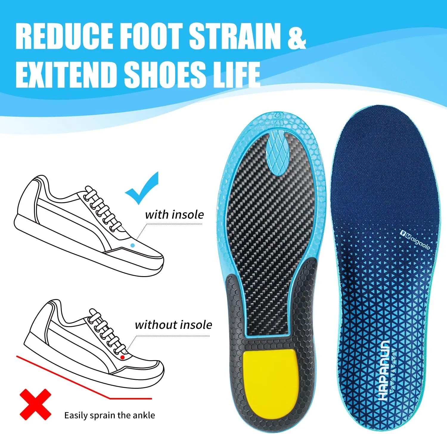 Carbon Fiber Shock-Absorbing Insole with Arch Support is Suitable for Basketball, Running, Cycling, Outdoor Hiking and Other Daily Sports. (Blue, M：10.5/11丨W：11.5/12（300mm）)
