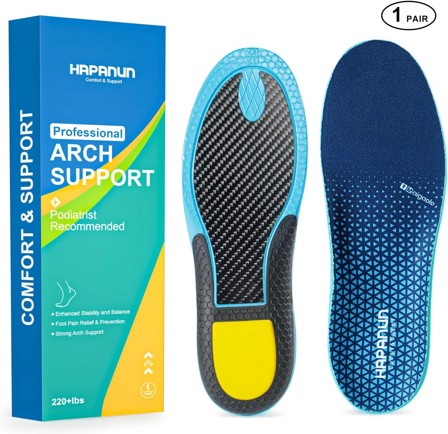 Carbon Fiber Shock-Absorbing Insole with Arch Support is Suitable for Basketball, Running, Cycling, Outdoor Hiking and Other Daily Sports. (Blue, M：10.5/11丨W：11.5/12（300mm）)