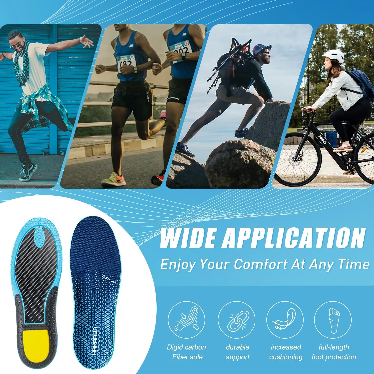 Carbon Fiber Shock-Absorbing Insole with Arch Support is Suitable for Basketball, Running, Cycling, Outdoor Hiking and Other Daily Sports. (Blue, M：10.5/11丨W：11.5/12（300mm）)