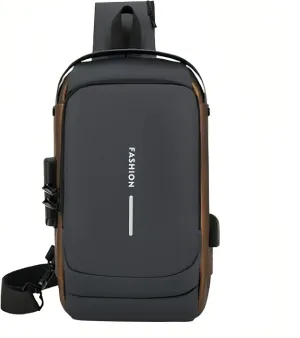 Carbon fiber streamline anti-theft shoulder bag, USB charging sports waterproof shoulder bag (Gray gold)