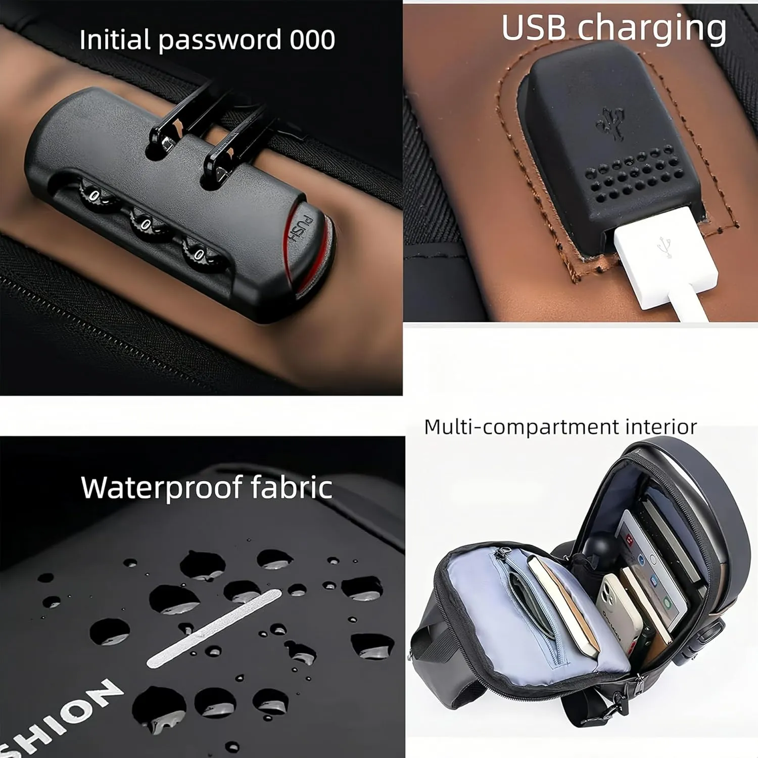 Carbon fiber streamline anti-theft shoulder bag, USB charging sports waterproof shoulder bag (Gray gold)