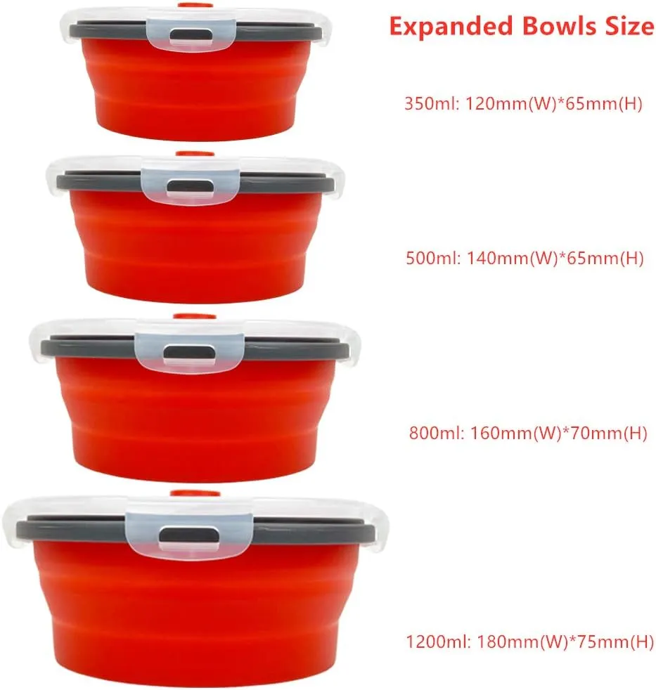 CARTINTS Red Collapsible Food Storage Bowls Silicone Travel Bowls with Leakproof Lids, Microwave and Freezer Safe, Set of 4