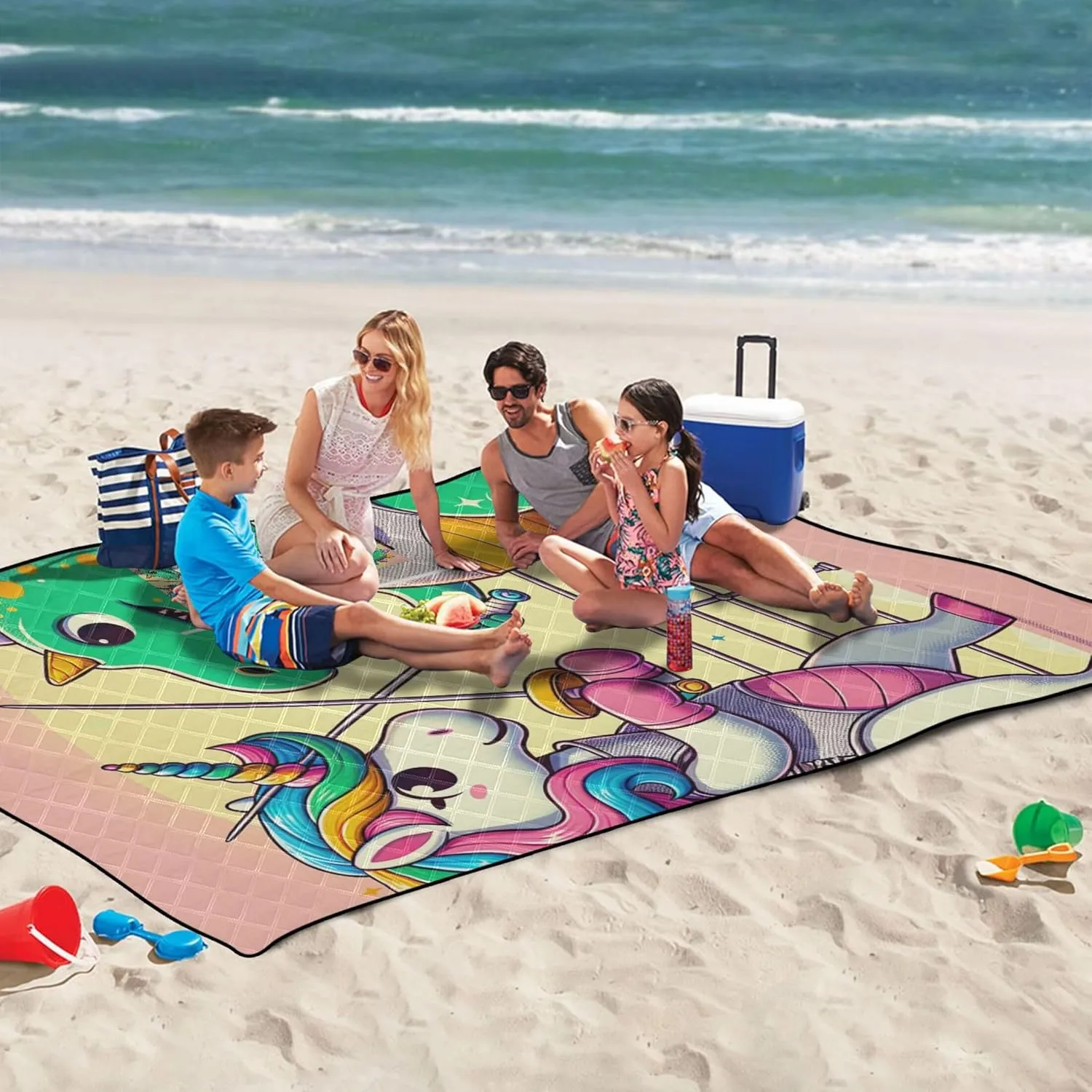 Cartoon Unicorn Dinosaur Picnic Supplies Foldable Mat Sand Proof Beach Blanket Waterproof Print Outdoor Mat for Camping 80" x 60"