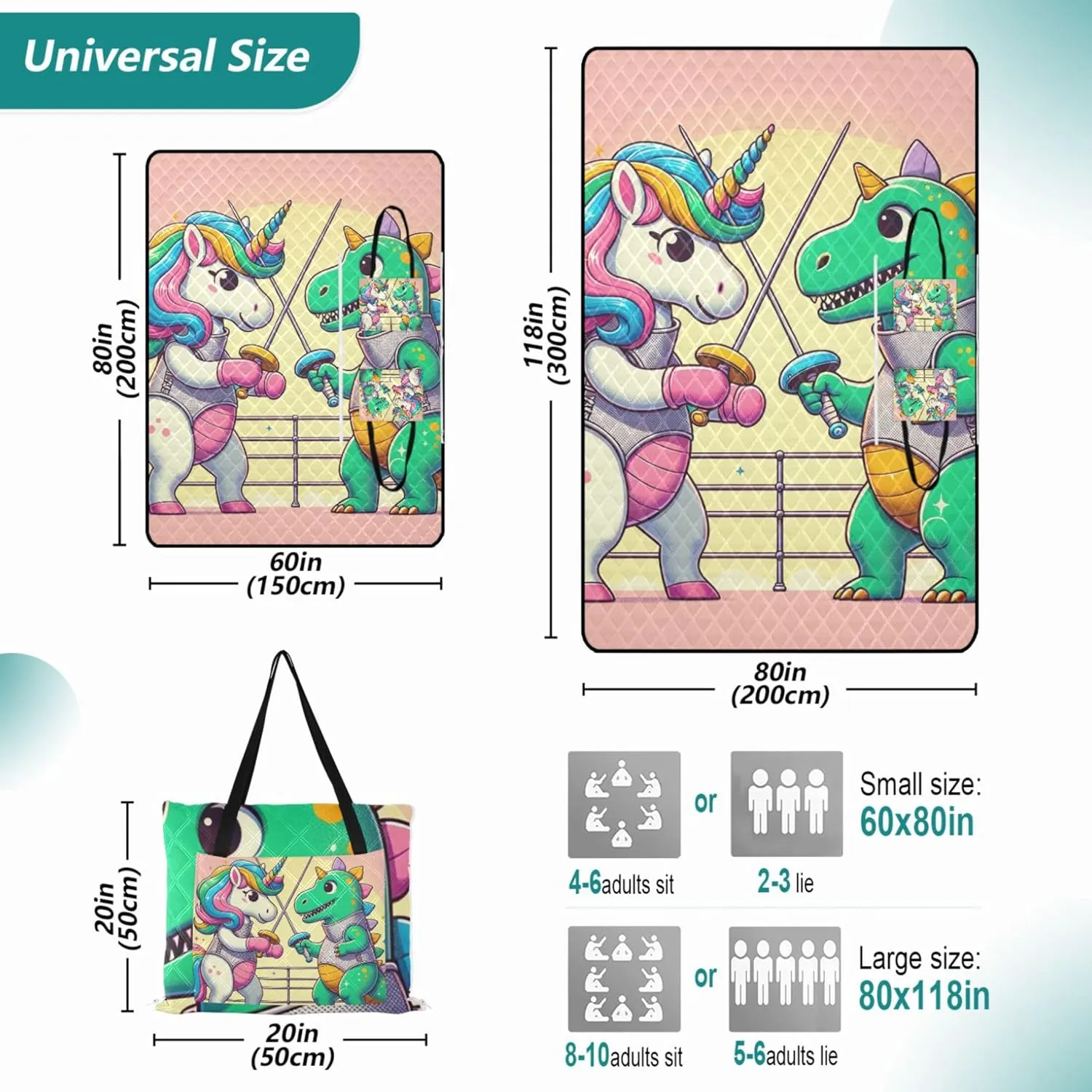 Cartoon Unicorn Dinosaur Picnic Supplies Foldable Mat Sand Proof Beach Blanket Waterproof Print Outdoor Mat for Camping 80" x 60"