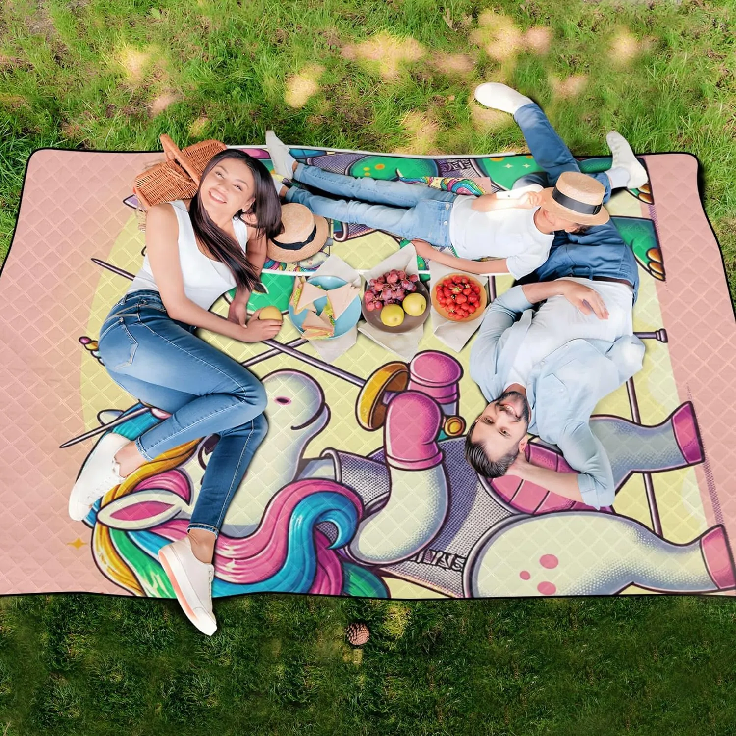 Cartoon Unicorn Dinosaur Picnic Supplies Foldable Mat Sand Proof Beach Blanket Waterproof Print Outdoor Mat for Camping 80" x 60"
