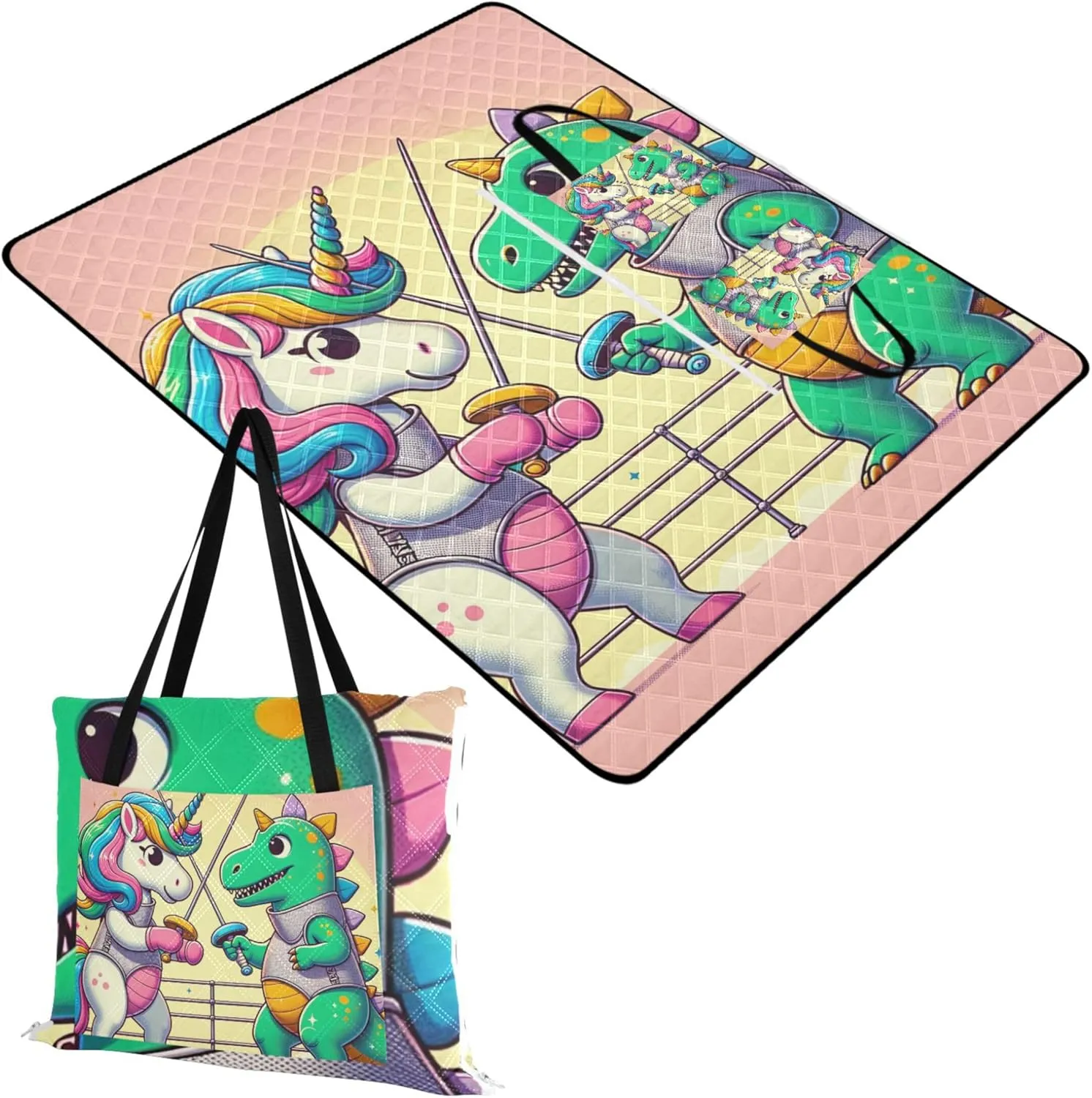 Cartoon Unicorn Dinosaur Picnic Supplies Foldable Mat Sand Proof Beach Blanket Waterproof Print Outdoor Mat for Camping 80" x 60"