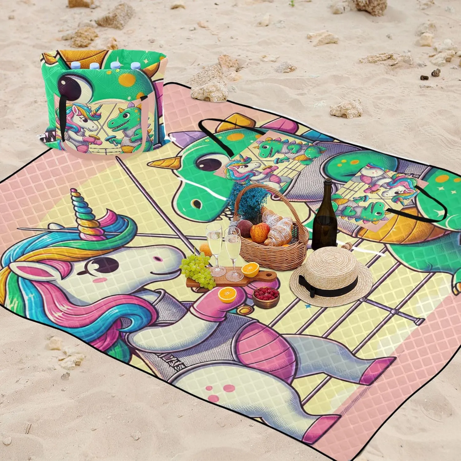 Cartoon Unicorn Dinosaur Picnic Supplies Foldable Mat Sand Proof Beach Blanket Waterproof Print Outdoor Mat for Camping 80" x 60"