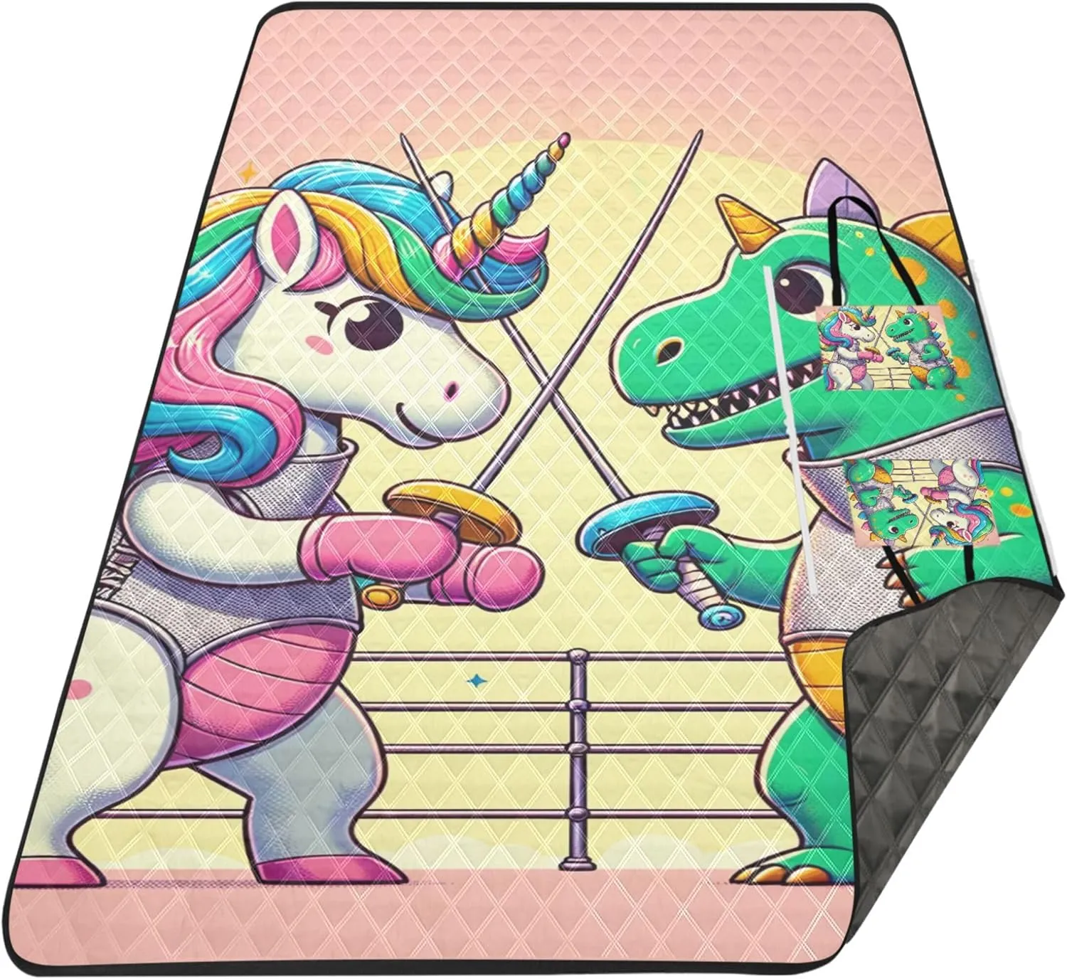 Cartoon Unicorn Dinosaur Picnic Supplies Foldable Mat Sand Proof Beach Blanket Waterproof Print Outdoor Mat for Camping 80" x 60"