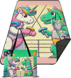 Cartoon Unicorn Dinosaur Picnic Supplies Foldable Mat Sand Proof Beach Blanket Waterproof Print Outdoor Mat for Camping 80" x 60"
