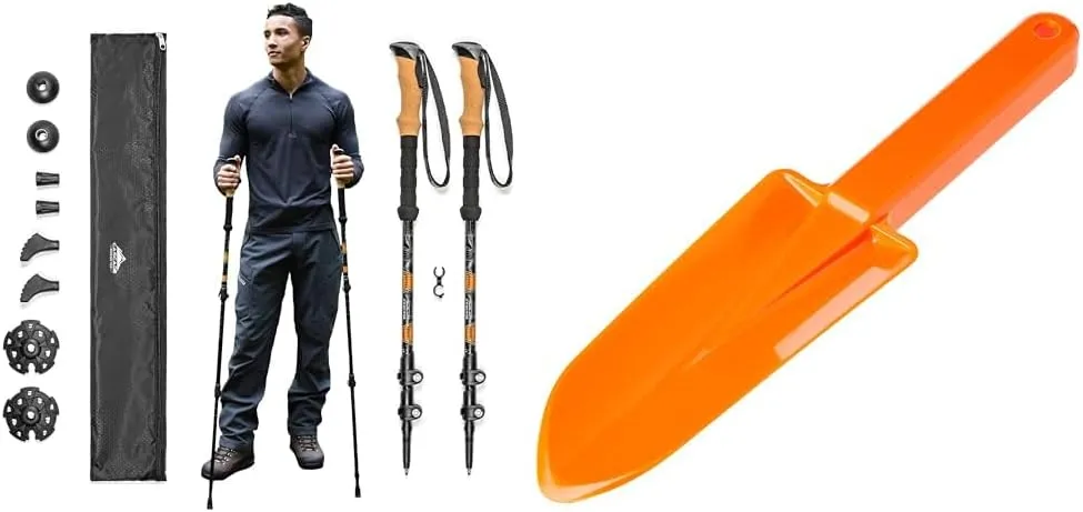 Cascade Mountain Tech Trekking Poles, Coghlans Back Packers Trowel - Aluminum Hiking Walking Sticks with Cork Grip, Expandable to 54" (Set of 2), Orange