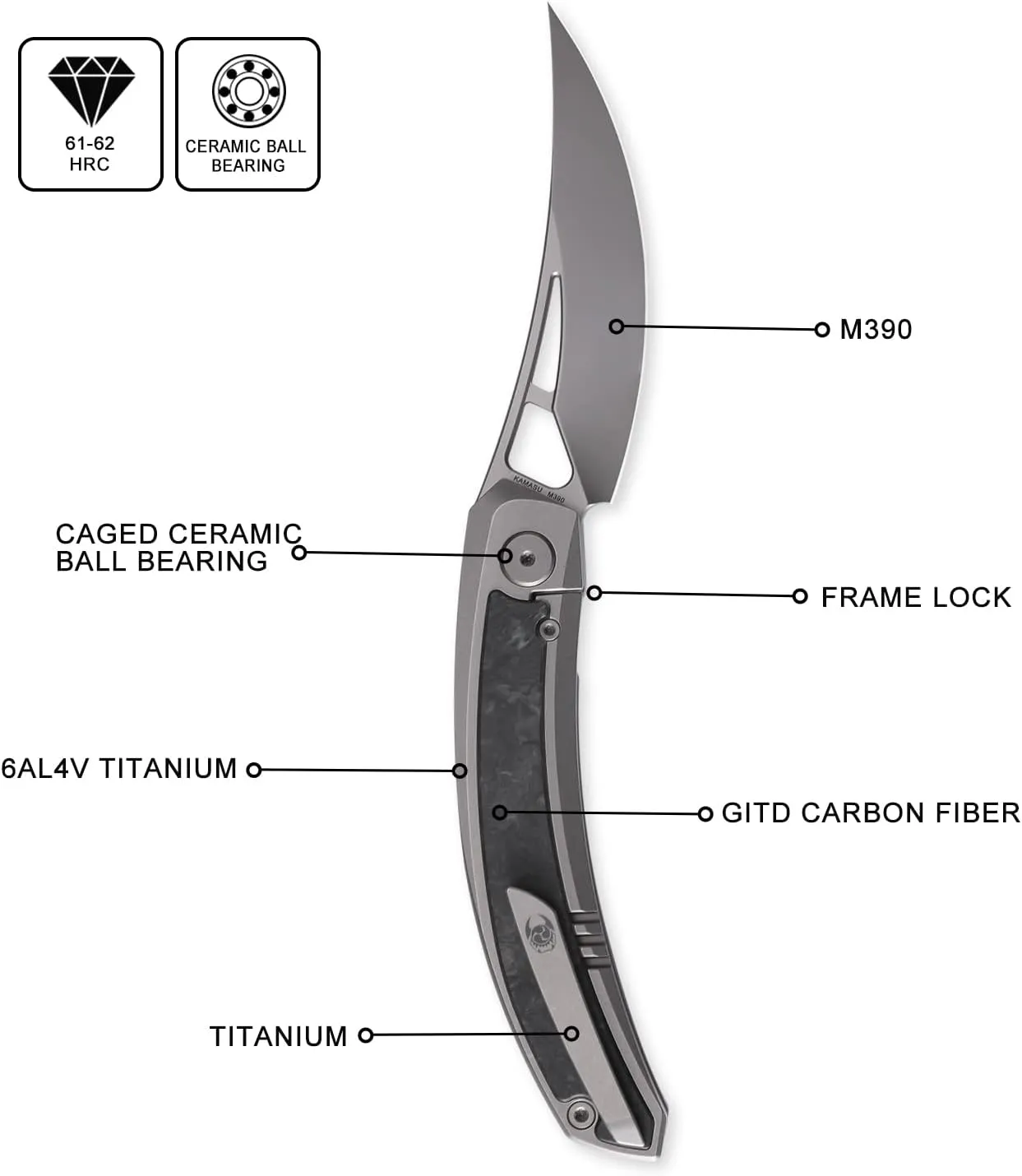 Cavolknife Kamasu Front Flipper Folding Knife,3.74" M390 Steel Blade Persian Knife,Titanium & GITD Carbon Fiber Handle Pocket Knife Glowing in the dark,Titanium Pocketclip(Grey)