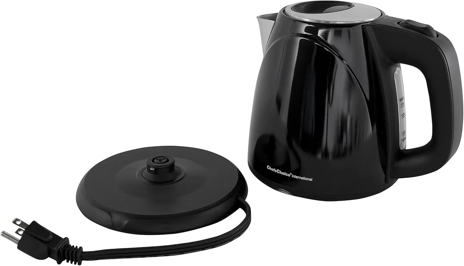 Chef’sChoice Electric Kettle 1500 Watts Cordless Compact Water Boiler Features Stainless Steel Construction Boil Dry Protection & Auto Shut Off Easy Pour, 1-Liter, Black